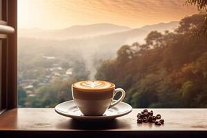 a cup of coffee on the background of the window. or generative photo