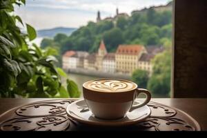a cup of coffee on the background of the window. or generative photo