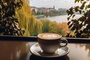 a cup of coffee on the background of the window. or generative photo