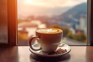 a cup of coffee on the background of the window. or generative photo