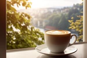 a cup of coffee on the background of the window. or generative photo