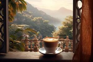 a cup of coffee on the background of the window. or generative photo