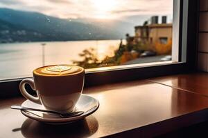 a cup of coffee on the background of the window. or generative photo