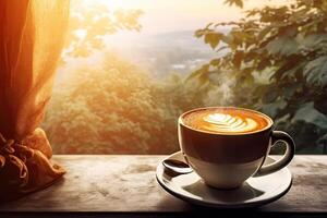 a cup of coffee on the background of the window. or generative photo