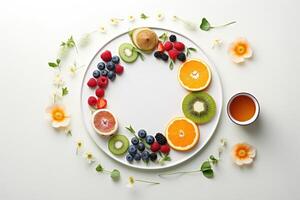 white plate with healthy food, fruits and berries on a white background, top view, free space. photo