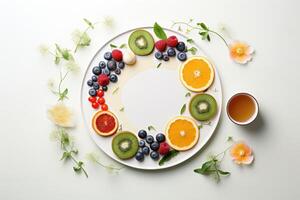 white plate with healthy food, fruits and berries on a white background, top view, free space. photo