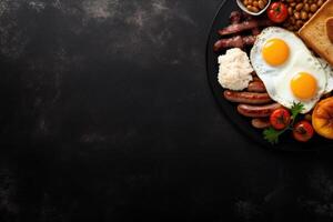 English breakfast on a plate with scrambled eggs, sausages, bacon, beans, toast and coffee on a dark stone background. photo