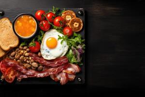 English breakfast on a plate with scrambled eggs, sausages, bacon, beans, toast and coffee on a dark stone background. photo