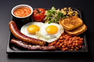 English breakfast on a plate with scrambled eggs, sausages, bacon, beans, toast and coffee on a dark stone background. photo