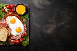 English breakfast on a plate with scrambled eggs, sausages, bacon, beans, toast and coffee on a dark stone background. photo
