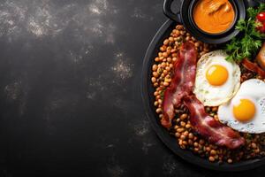 English breakfast on a plate with scrambled eggs, sausages, bacon, beans, toast and coffee on a dark stone background. photo