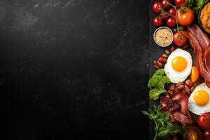 English breakfast on a plate with scrambled eggs, sausages, bacon, beans, toast and coffee on a dark stone background. photo