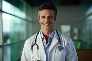Portrait of friendly european doctor in workwear with stethoscope on neck posing in clinic interior, looking and smiling at camera photo