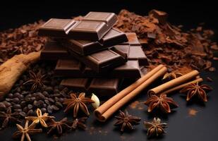 Pieces of chocolate bar. Background with chocolate. Pieces of assorted dark chocolate and cinnamon photo