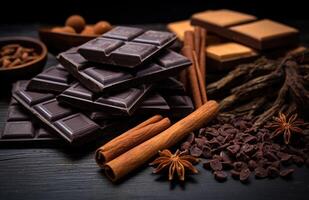 Pieces of chocolate bar. Background with chocolate. Pieces of assorted dark chocolate and cinnamon photo