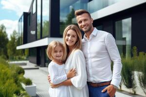 happy young family on the background of a modern new house photo
