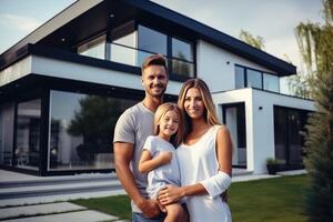 happy young family on the background of a modern new house photo