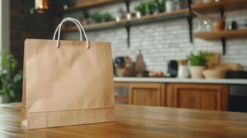 Brown paper bag rests on a wooden kitchen table in a modern home setting during the day photo