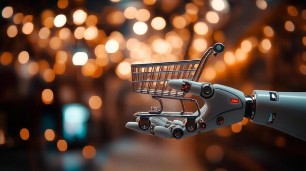 Robot hand holding shopping cart in a decorative market setting with blurred lights photo