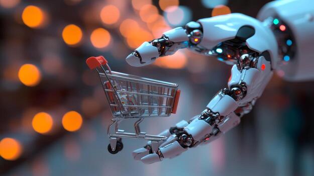 Robot hand holding miniature shopping cart in a modern retail environment photo
