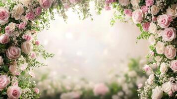 Elegant floral archway adorned with soft pink and white roses during a serene garden gathering photo