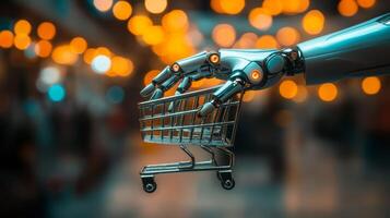 Robotic hand holding a shopping cart in a bright marketplace during evening hours photo