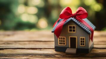 Miniature house gift wrapped with red ribbon on wooden table surrounded by natural bokeh background photo