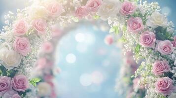 Wedding arch adorned with pink and white roses, creating a romantic backdrop for a celebration photo