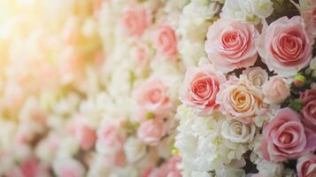 Beautiful arrangement of pink roses and white flowers in a soft, natural light setting photo