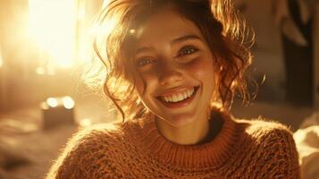 Warm sunlight illuminates a smiling woman in cozy sweater during a serene morning at home photo