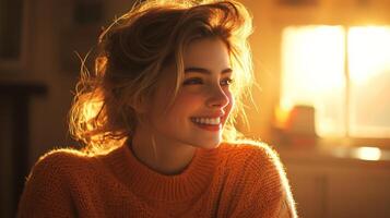 Woman smiles warmly in soft golden light during morning hours in a cozy indoor space photo