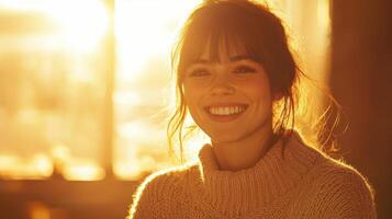 Smiling woman enjoying warm sunlight in cozy indoor setting during evening photo