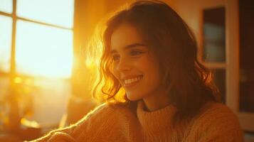 Warm sunlight streaming through the window highlights a smiling woman during morning coffee in a cozy room photo