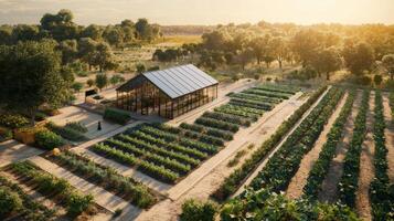 Beautiful greenhouse surrounded by flourishing vegetable fields at sunset photo