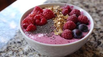 Healthy smoothie bowl topped with fresh berries and granola on a marble countertop photo