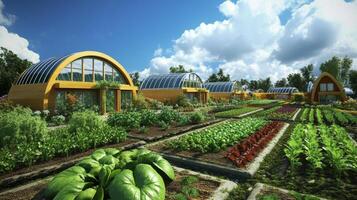 Innovative agricultural development showcases modern greenhouses and diverse crops in vibrant farm setting photo