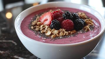 Delicious berry smoothie bowl topped with fresh fruit and granola in a cozy cafe setting photo