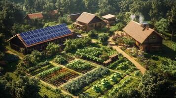 Sustainable farm with solar panels and vibrant gardens located in a lush rural area photo