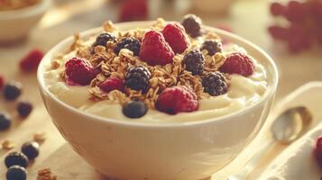 Healthy breakfast bowl with yogurt, fresh berries, and granola on a rustic wooden table photo