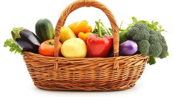 Freshly harvested vegetables arranged in a woven basket on a bright background showcasing autumn bounty photo