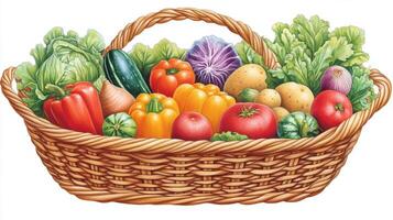 Colorful vegetable basket filled with fresh produce from a local market in a sunny farm setting photo