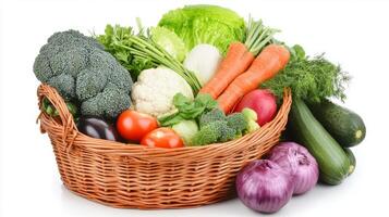 Freshly harvested vegetables in a woven basket ready for preparation and cooking photo