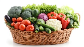 Freshly harvested vegetables in a woven basket displayed on a light background photo