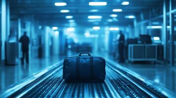 Baggage left behind at an airport check-in area during the evening hours with dim lighting and staff around photo