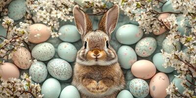 Cute rabbit nestled among pastel eggs and blossoms during spring celebration photo