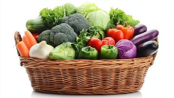 Freshly harvested vegetables displayed in a wicker basket on a clean white background photo