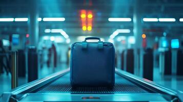 Security checkpoint at an airport with a black suitcase on the conveyor belt during early morning hours photo