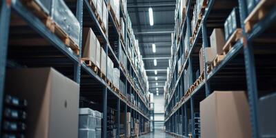 Warehouse storage with organized shelving and numerous cardboard boxes in a busy logistics facility photo