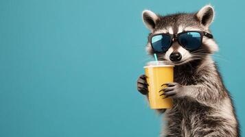 Raccoon enjoying a refreshing drink while wearing sunglasses against a vibrant blue background photo