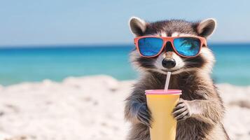 Raccoon enjoying a colorful drink on the beach during a sunny day by the ocean photo